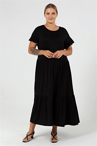 Büyük Beden Büzgülü Blok Fırfır Kol Elbise SiyahCurvy TrendBüyük Beden Büzgülü Blok Fırfır Kol Elbise Siyah