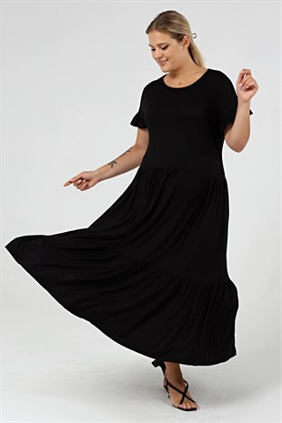 Büyük Beden Büzgülü Blok Fırfır Kol Elbise SiyahCurvy TrendBüyük Beden Büzgülü Blok Fırfır Kol Elbise Siyah
