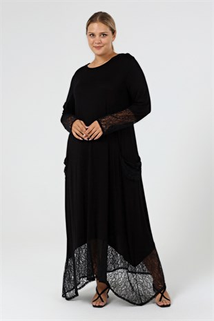 Büyük Beden Dantel Detaylı Maksi Elbise SiyahCurvy TrendBüyük Beden Dantel Detaylı Maksi Elbise Siyah