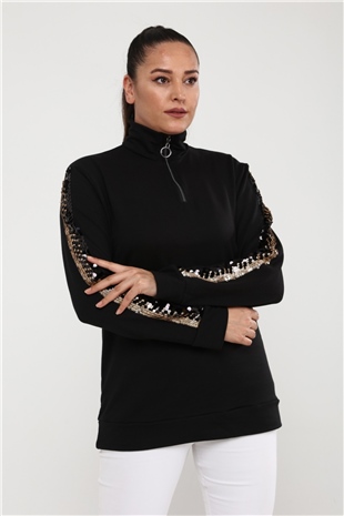 Büyük Beden Kolüstü Pullu Aksesuarlı Fermuarlı Sweatshirt Siyah AltınCurvy TrendBüyük Beden Kolüstü Pullu Aksesuarlı Fermuarlı Sweatshirt Siyah Altın