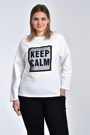 ModacazibeBüyük Beden Keep Calm Aplikeli 2 İplik Sweatshirt